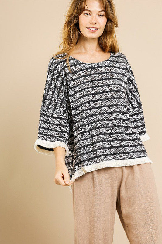 Heathered Striped Knit Bell Sleeve Round Neck Top