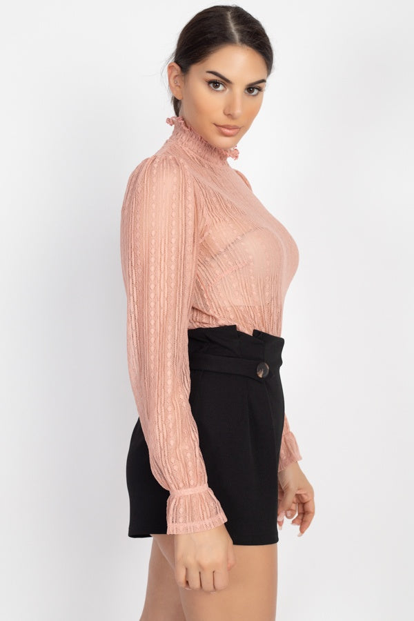 Ruffle Mock Neck Lace Top