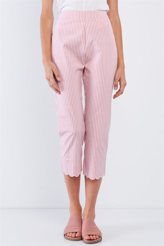 Red & White Striped High Waist Scalloped Hem Summer Capri Pants