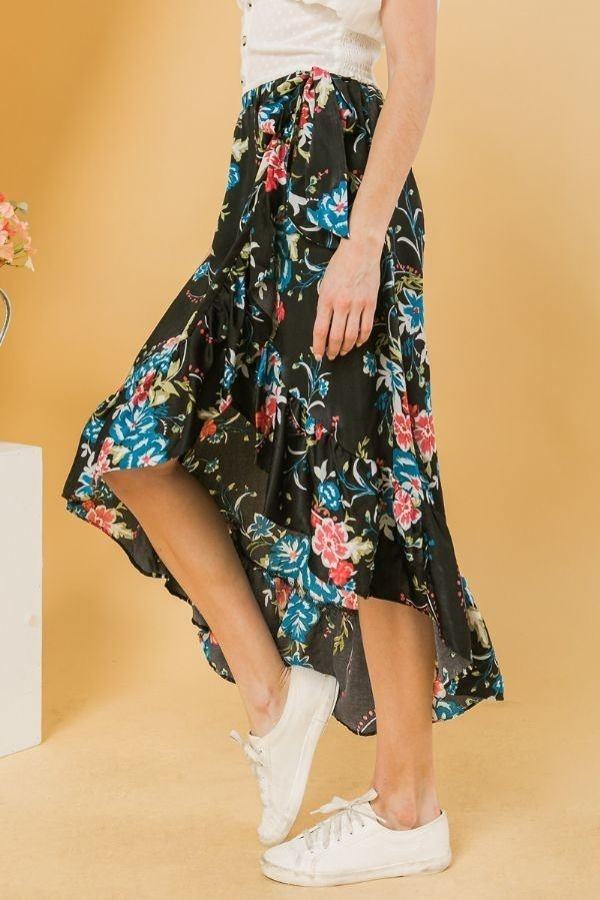 Floral Ruffle Skirt With Trim High Low.