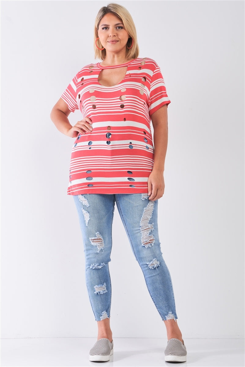 Plus Striped And Distressed Cut-out Top