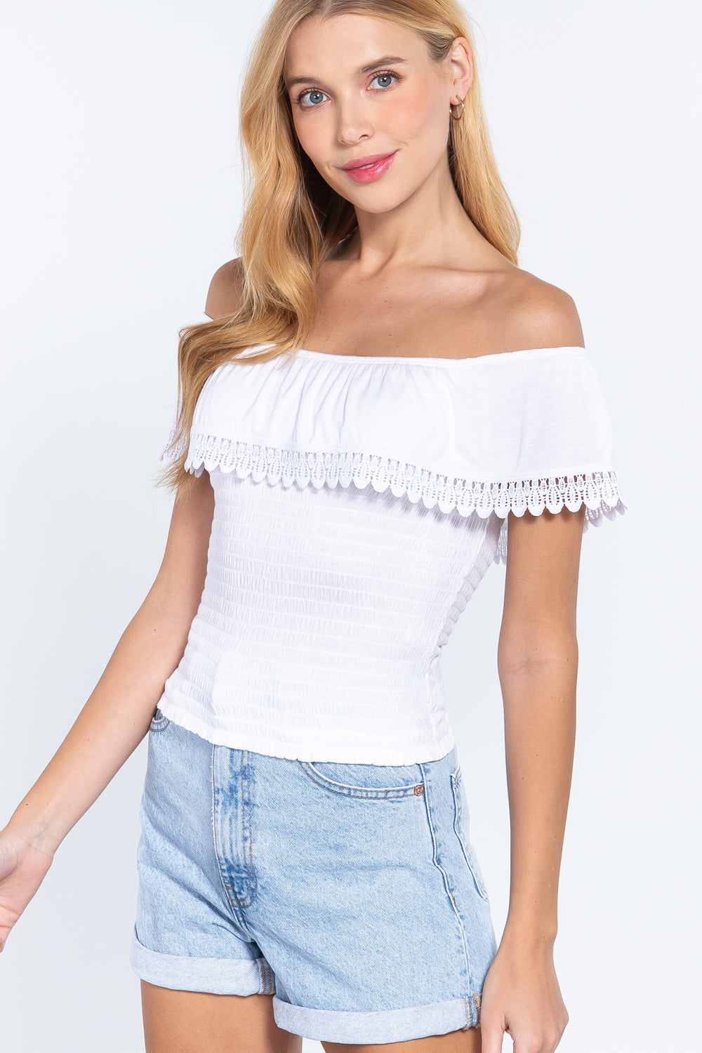 Off Shoulder W/lace Smocked Top