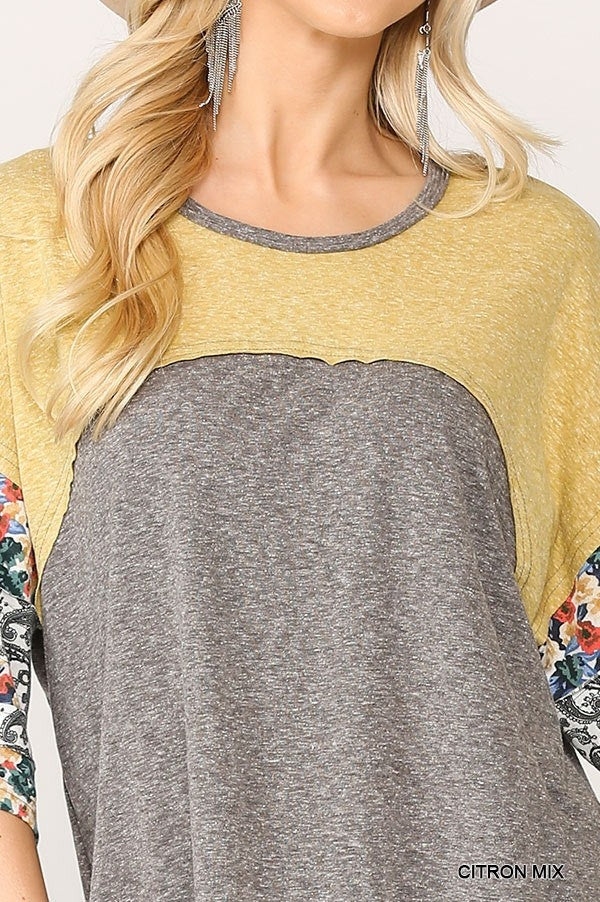 Colorblock Knit And Floral Print Mixed Top With Dolman Sleeve