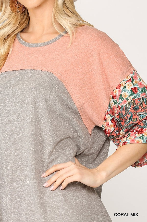 Colorblock Knit And Floral Print Mixed Top With Dolman Sleeve