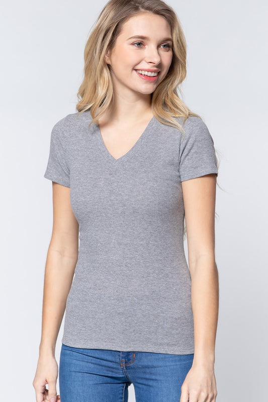 Short Sleeve V-neck Rib Top