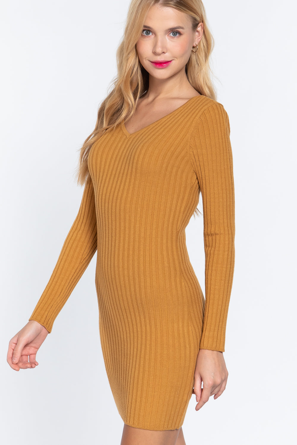 Long Slv V-neck Sweater Mini Dress