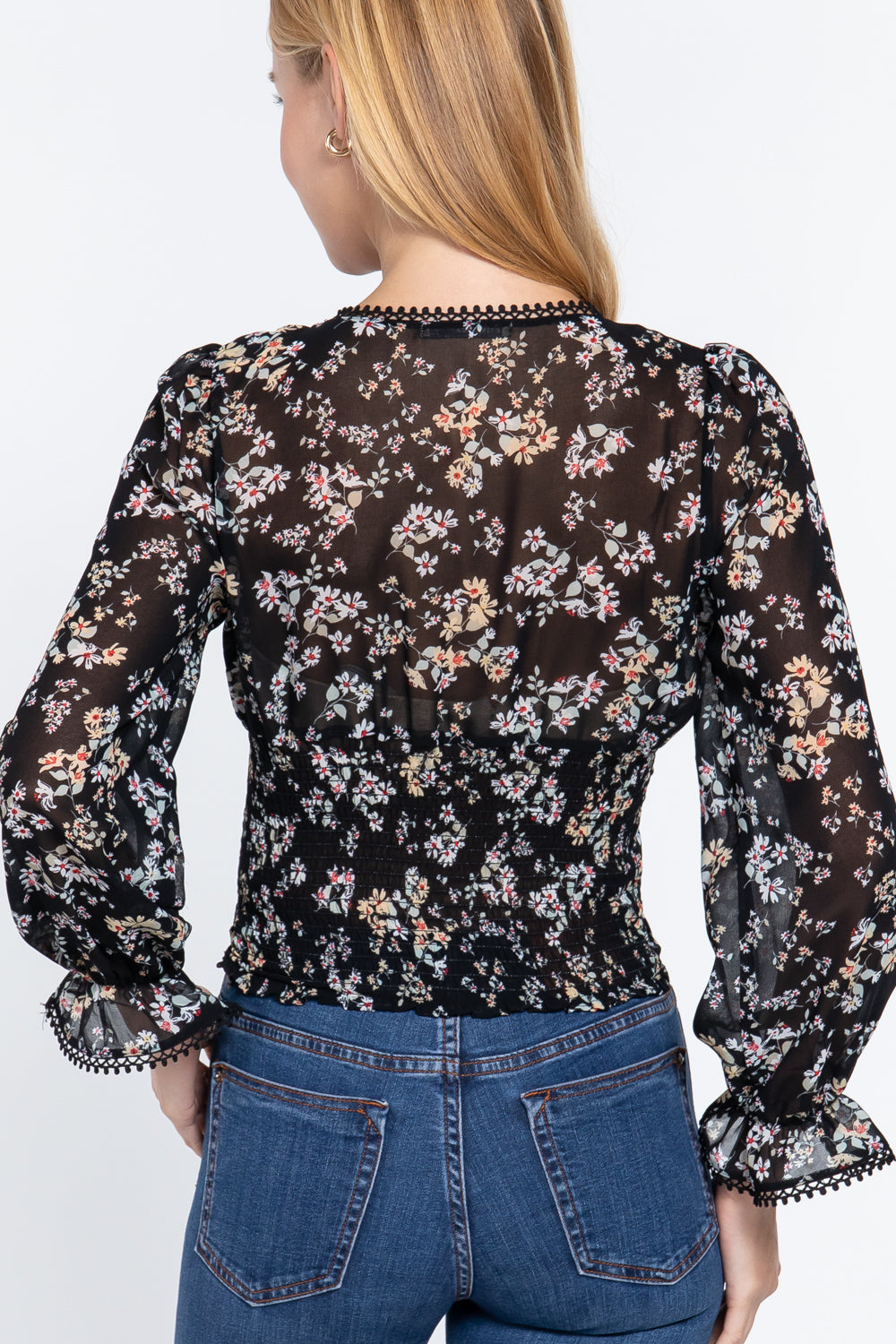 Ruffle Slv Floral Print Chiffon Top