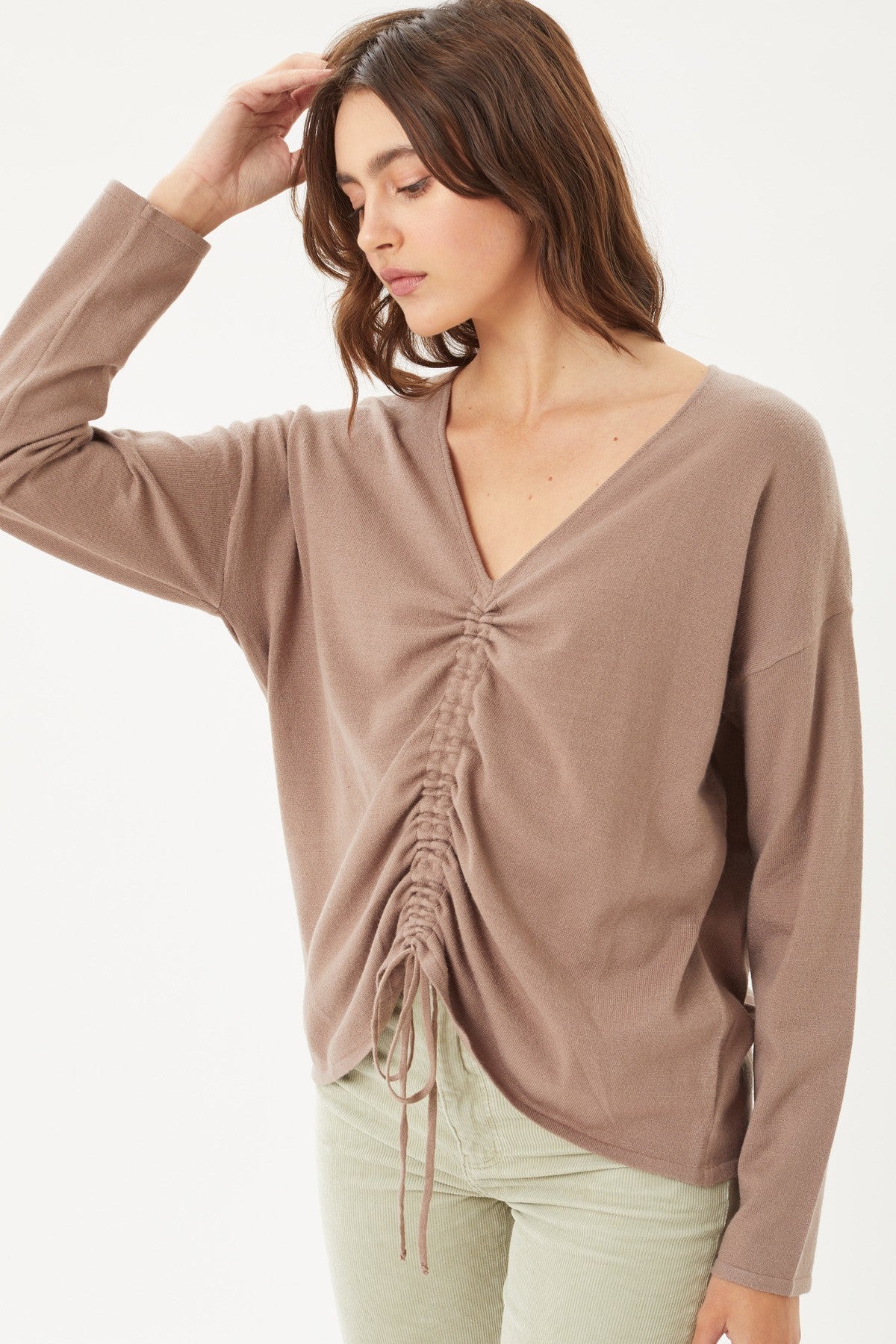 A V-neckline Drawstring Ruched Top