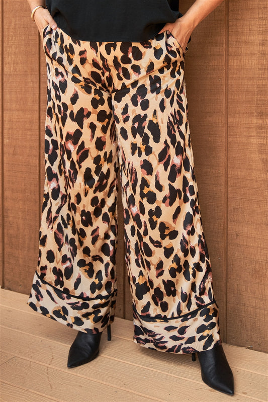 Plus Taupe Combo Leopard Print Satin High-waisted Wide Leg Pants