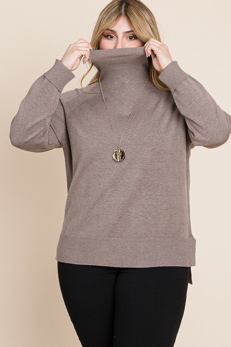 Plus Size High Quality Buttery Soft Solid Knit Turtleneck Two Tone High Low Hem Sweater