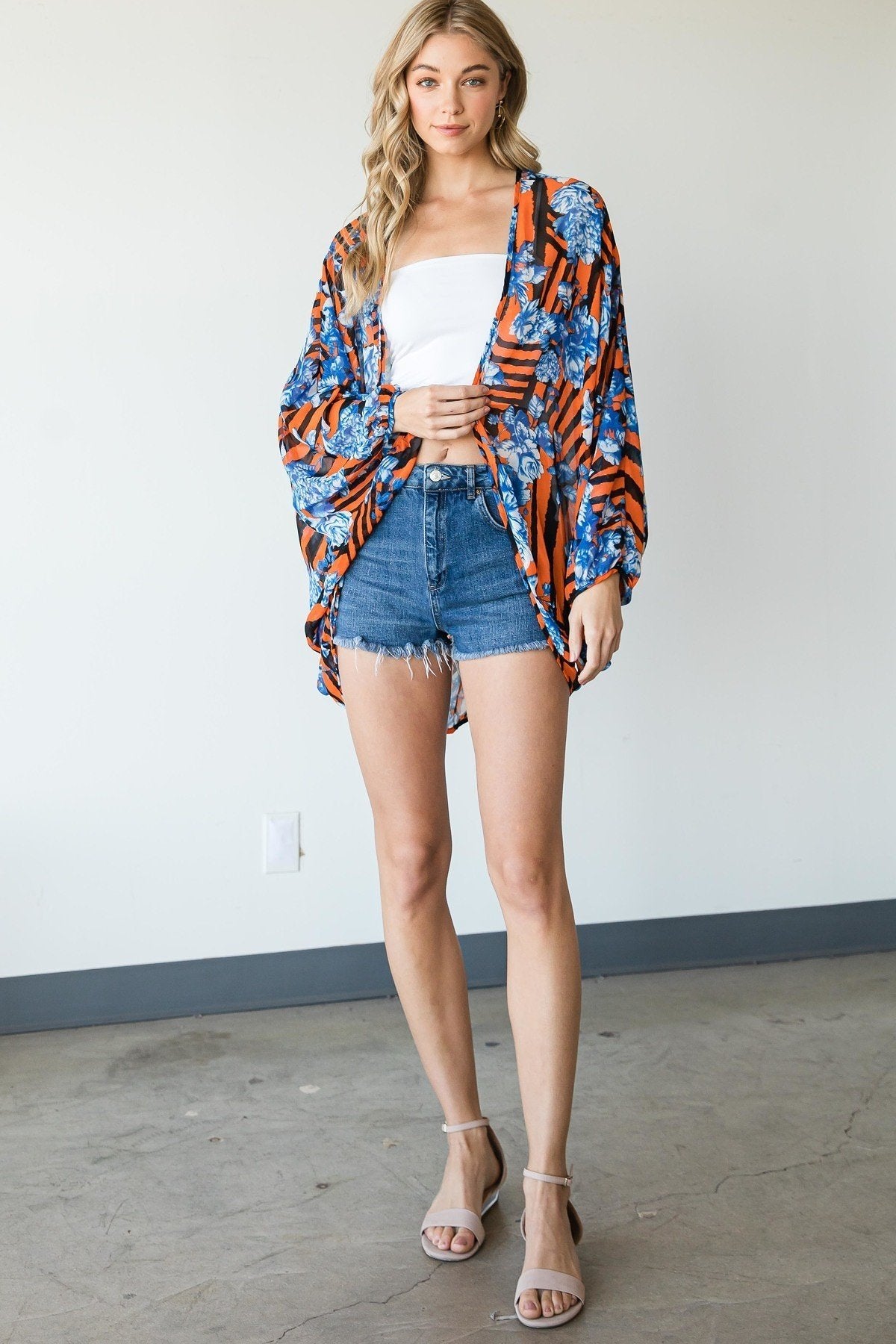 Stripes And Floral Print Lightweight Kimono