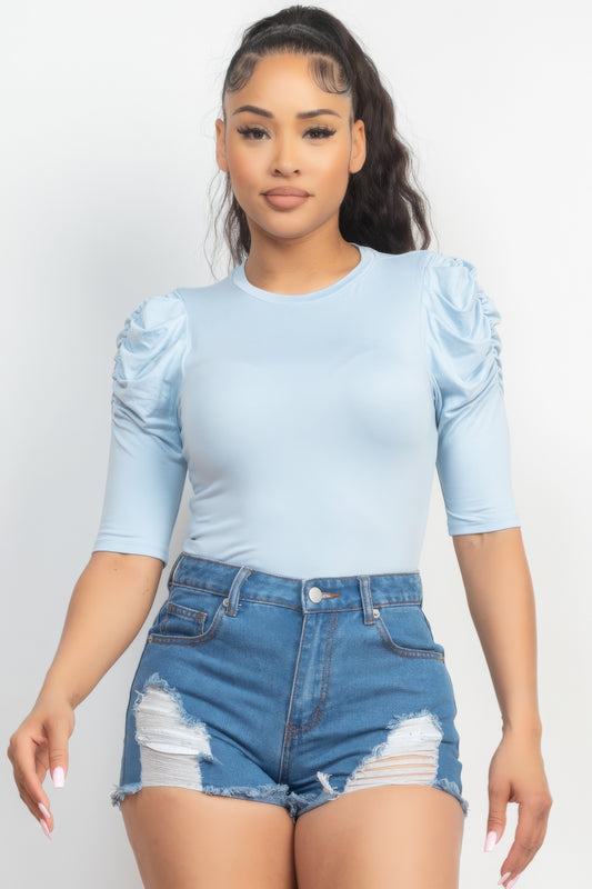 Round Neck Puff Ruched Sleeve Top