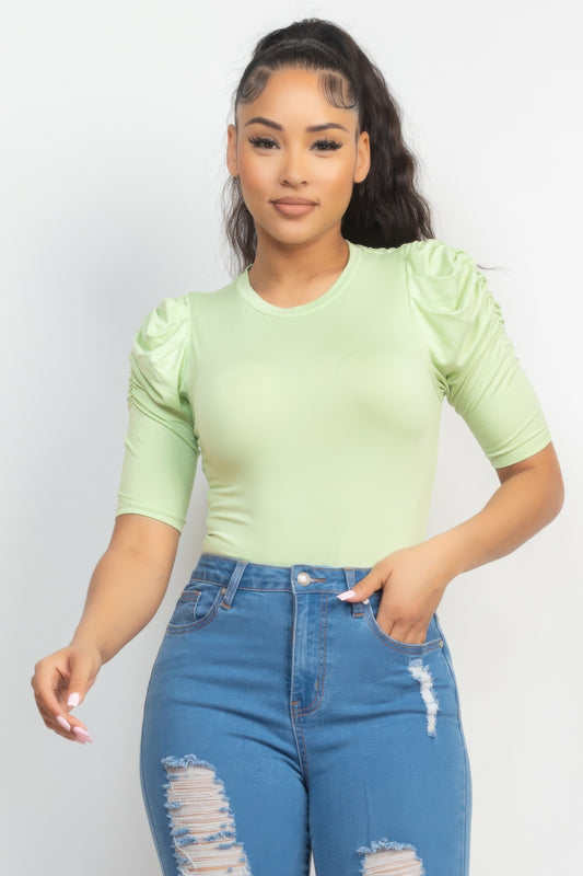 Round Neck Puff Ruched Sleeve Top