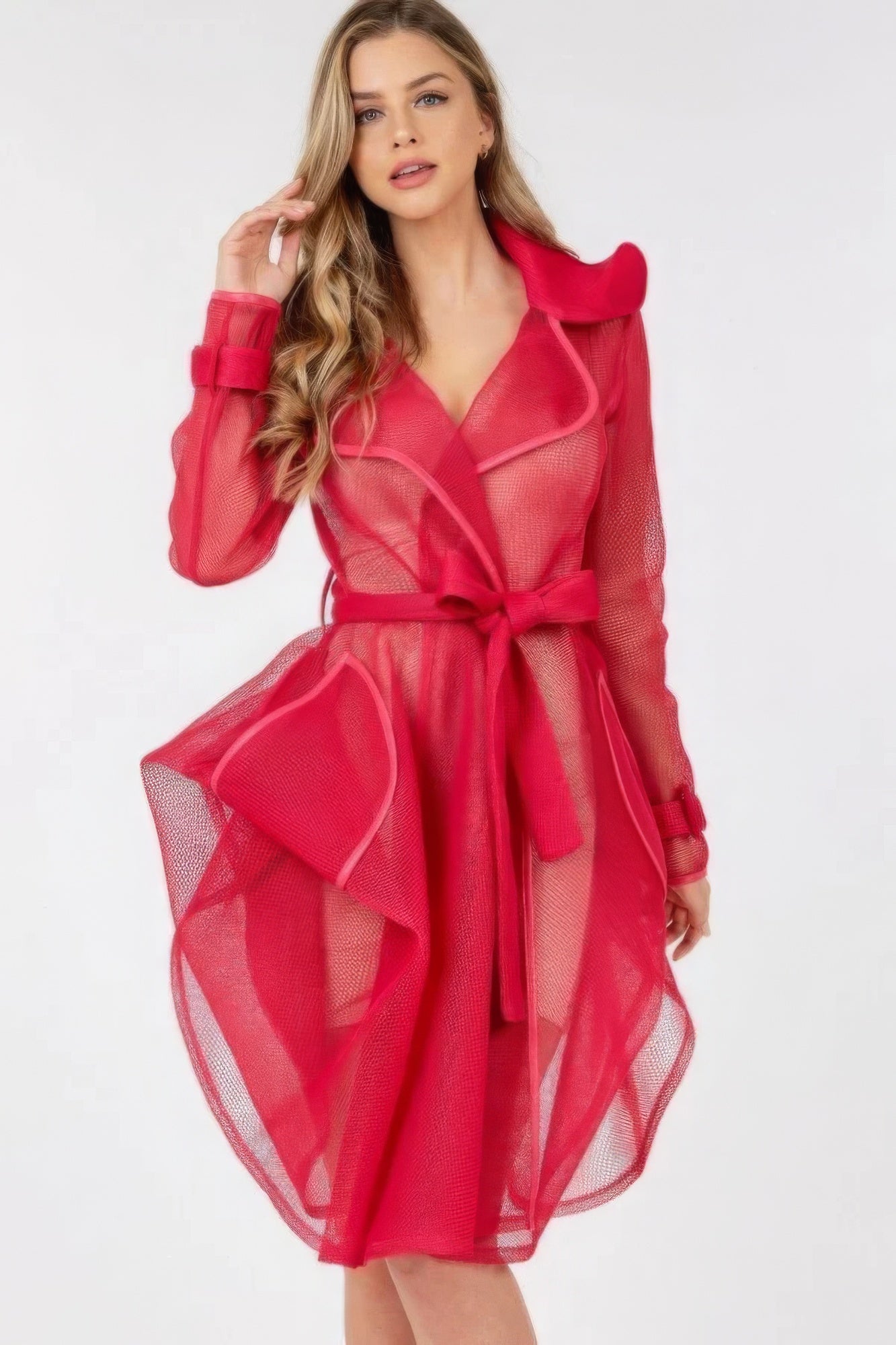 Side Tacking Waist Tie Mesh Coat