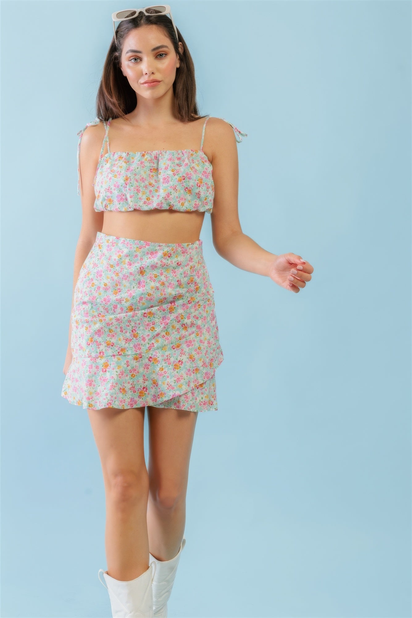 Mint Fuchsia Print Cotton Sleeveless Strappy Crop Top & High Waist Wrap Hem Mini Skirt Set