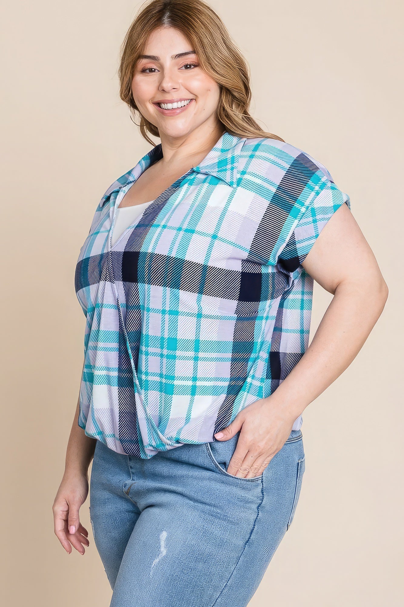 Plus Size Multi Colored Check Printed Casual Collared Short Sleeve Top