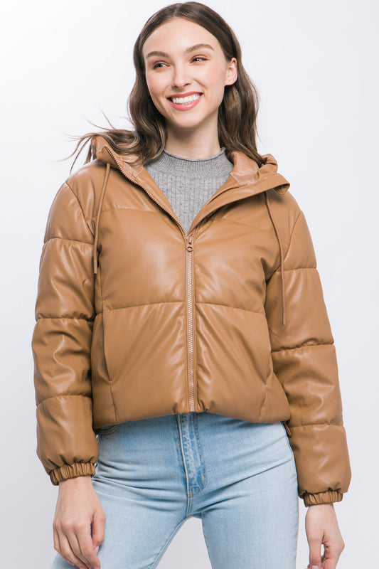 Pu Faux Leather Zipper Hooded Puffer Jacket