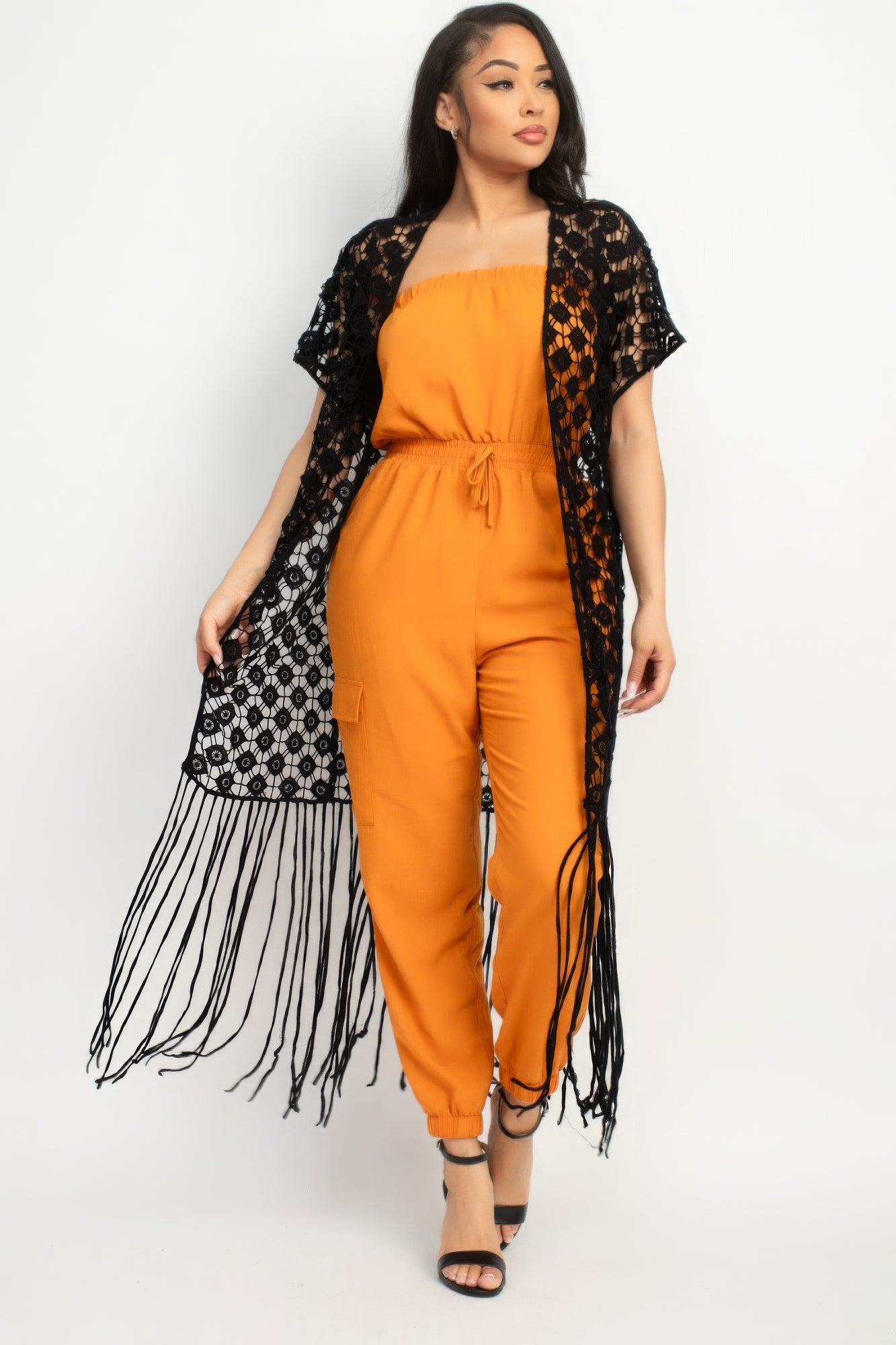 Crocheted Open-front Fringe Kimono