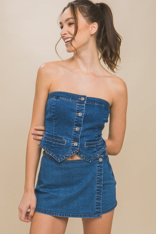 Denim Strapless Button-up Crop Top